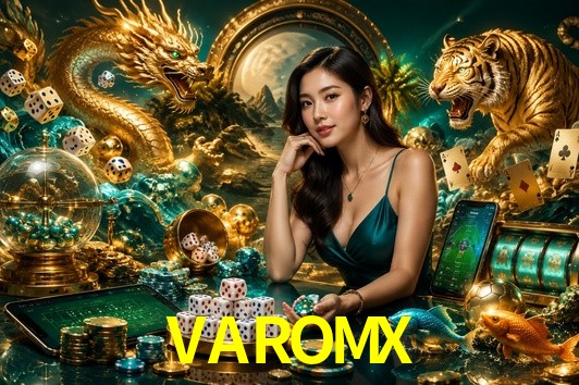 Una escena digital vívida inspirada en casino con VAROMX mostrado prominentemente, luces brillantes, fichas, cartas y acentos dorados.