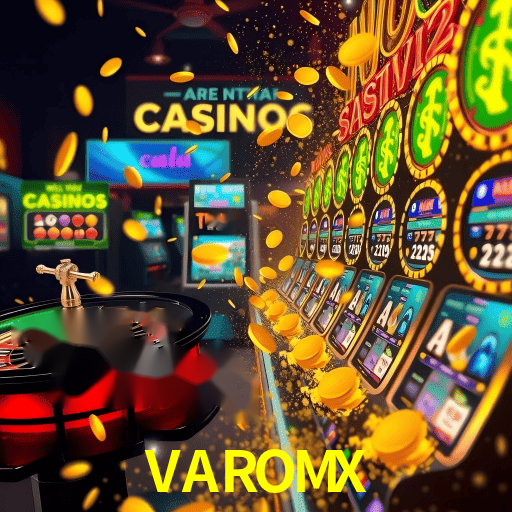 Escena dinámica inspirada en casino con iluminación VAROMX, cartas, fichas e íconos de juegos digitales en un espacio moderno de juegos.